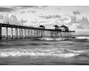 B&W Huntington Beach Photo, Morning Waves, Huntington Beach Pier Print, California Beach Wall Art, Black and White Beach Photography