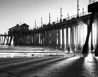 B&W Huntington Beach Print | "Sunbeam Silhouette" | Huntington Beach Pier Wall Art | Black and White Huntington Beach Photo Gift Ideas
