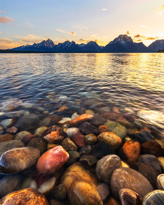 Grand Teton Vertical Print, Jackson Lake Colorful Rocks Sunset