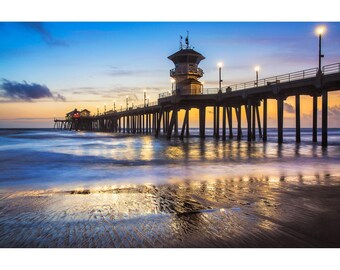 Huntington Beach Print, HB Pier at Dusk, Classic Beach Photo Wall Art, Huntington Beach Evening Print, Blue Hour Beach Photography