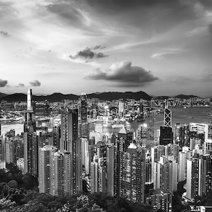 B&W Hong Kong Photo, Black and White Victoria Peak View, Hong Kong Photography, Hong Kong Skyline Photo, Hong Kong Cityscape Print