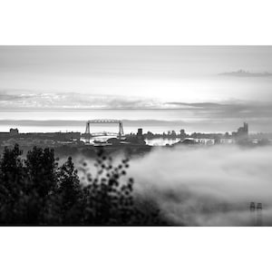B&W Duluth Photo, Black and White Foggy Duluth Skyline, Duluth Minnesota Print, Lake Superior Minnesota Wall Art, Duluth Aerial Lift Bridge