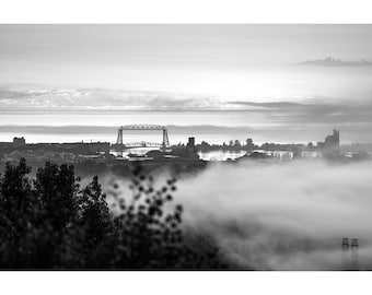 B&W Duluth Photo, Black and White Foggy Duluth Skyline, Duluth Minnesota Print, Lake Superior Minnesota Wall Art, Duluth Aerial Lift Bridge