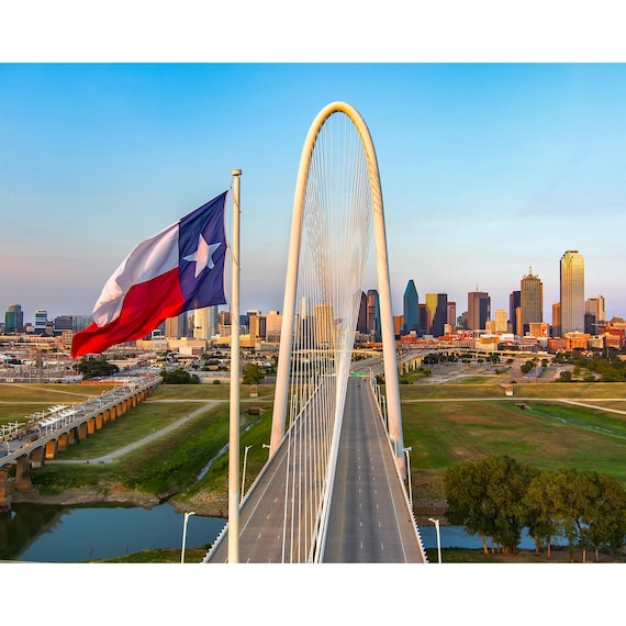Dallas Skyline Print, Texas Flag & Margaret Hunt Hill Bridge
