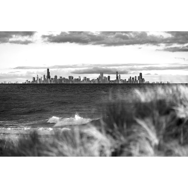 B&W Chicago Print, Black and White Chicago Skyline from Indiana Dunes, Chicago Illinois Photography, Sand Dunes Photography Wall Art