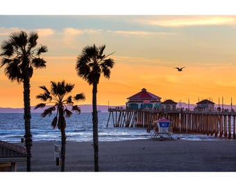 Huntington Beach Photography, Palm Tree Pier View, Huntington Beach Sunset Photography, California Palm Tree Photo Print, HB Pier Wall Art