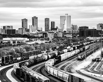 B&W Fort Worth Photo | Black and White Fort Worth Rail Yard and Skyline Print | Fort Worth Photography, Fort Worth Rail Yard Photo