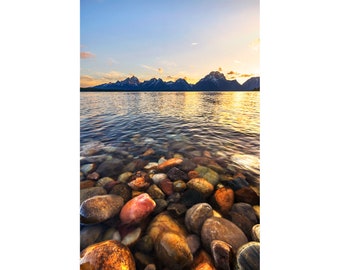 Grand Teton Vertical Print, Jackson Lake Colorful Rocks Sunset, Grand Teton National Park Photo, Wyoming Photography, Teton Wall Art