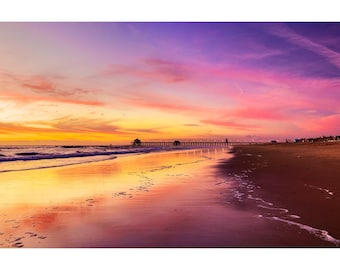 Huntington Beach Pier Photo, Serene Sunrise Reflections, Colorful Beach Wall Art, Huntington Beach Photography, California Beach Print