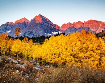 Aspen Photo Print | Maroon Bells Morning Glow | Maroon Bells Photography, Colorado Fall Decor, Colorado Landscape Photo, Aspen Tree Wall Art