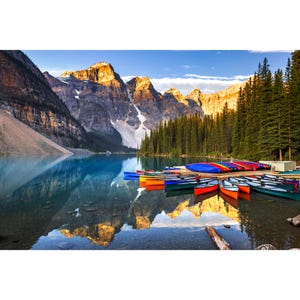 Moraine Lake Print, Moraine Lake Kayaks, Banff National Park Photography, Canada Landscape Photo Home Decor, Moraine Lake Wall Art