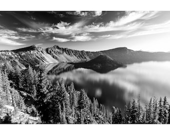 B&W Crater Lake National Park Photo, Black and White Crater Lake Peaceful Morning, Oregon Photography, Pacific Northwest Wall Art Home Decor