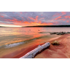 Pictured Rocks Print, Sand Point Sunset, National Lakeshore Wall Art, Lake Superior Photography, Munising Michigan Print, Pink Sand Beach
