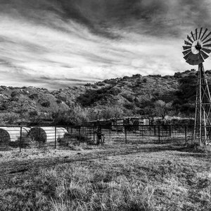 Farm Photography | &quot;B&W Texas Windmill&quot; | Black and White Texas Photography - Farmhouse Decor - Rustic Photography - Aermotor Windmill Photo