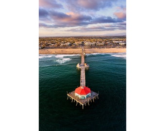 Huntington Beach Pier Print | HB Pier Aerial Sunset | Huntington Beach Photography | California Beach Decor - Vertical Beach Photo Gift