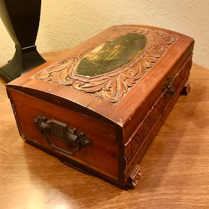 Antique Wooden Carved Treasure Box with metal handles