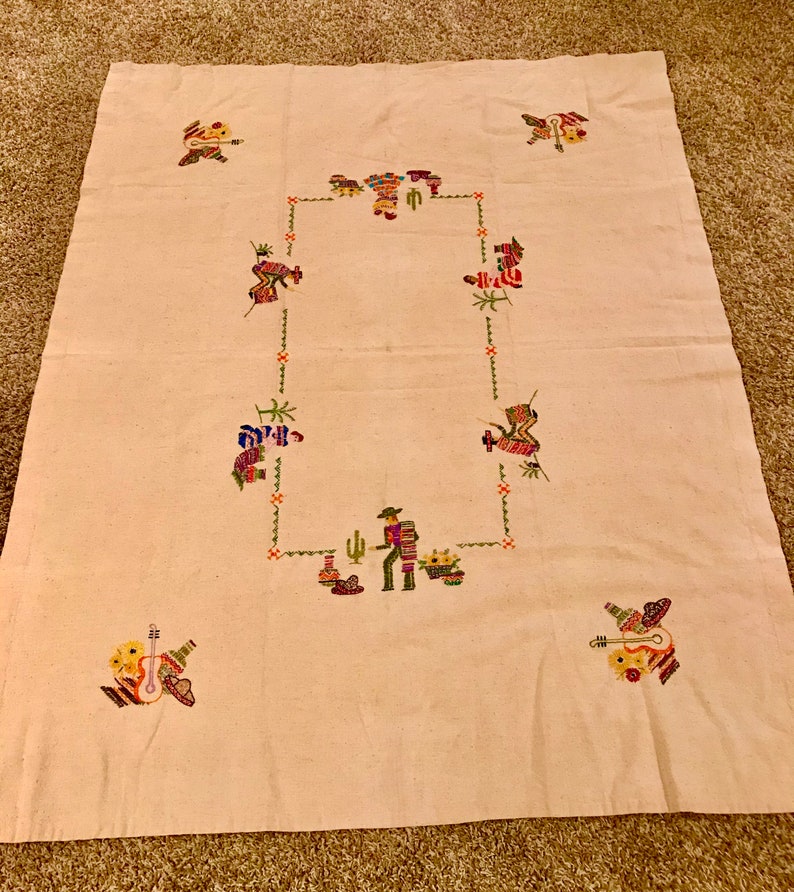 Vintage Hand Embroidered Mexican Themed Tablecloth | Etsy