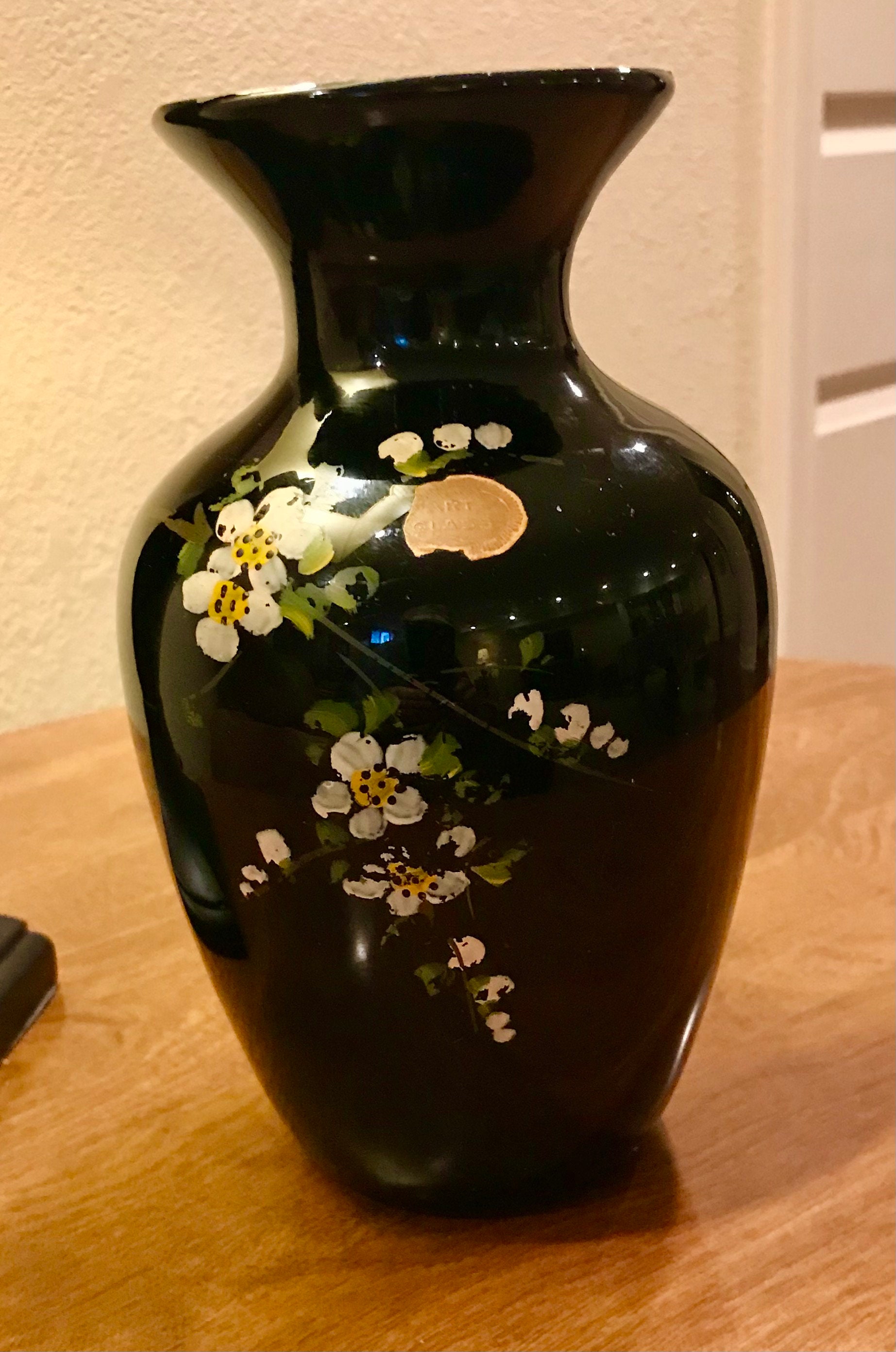 Vintage Art Glass Vase/black Glass With Hand Painted Flowers