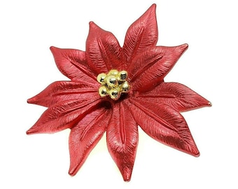 Vtg Poinsettia Brooch Red Enamel Gold Tone Christmas Holiday Pin Signed AS