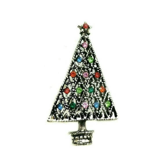 Vtg Christmas Tree Brooch Antiqued Silver Tone La… - image 1
