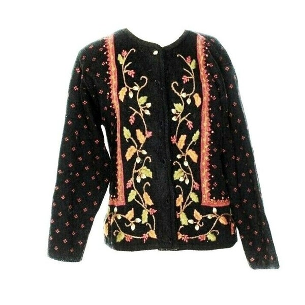 Vtg 90s Embroidered Cardigan Autumn Leaves Crystal Kobe Med Fall Grandma Sweater