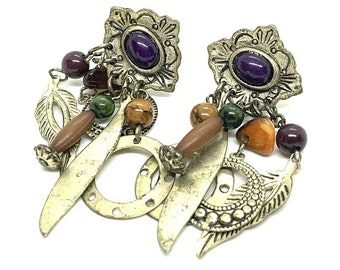 Vintage Boho Cha Cha Pierced Earrings Gold Tone Dangle Multicolor Stones Charms