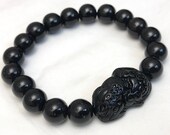 Black Obsidian Beaded Pixiu Bracelet for Wealth Good Luck Brave Money Feng Shui 7 inches Natural Stone