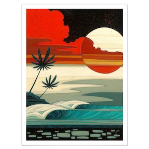Sunset Moonrise | Modern Tropical Surf Art, Hawaii Southern California Beach Landscape Art Print
