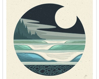 NW Moon | Modern Surf Art Print, Full Moon Ocean Landscape in Blue, Fine Art Paper Print
