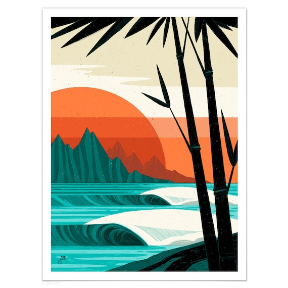 Bamboo Groove | Tropical Beach Scene, Modern Surf Art
