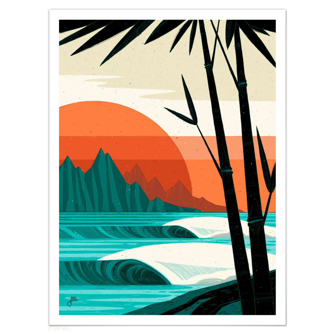 Bamboo Groove | Tropical Beach Scene, Modern Surf Art