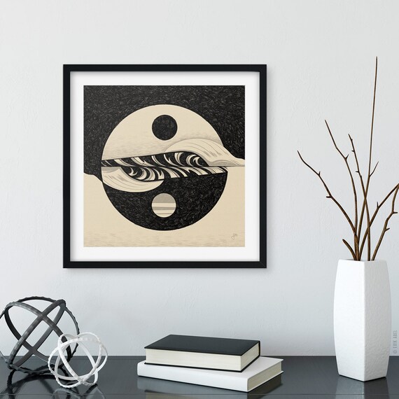 Balance | Black and White Yin Yang Surf Art Print | Abstract Ocean