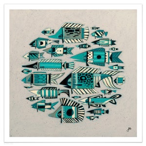 Bait Ball | Paper Fine Art Print, Abstract Fish Art Print, Fish, Modern Illustration, Contemporary Animal Art Print, Tropical
