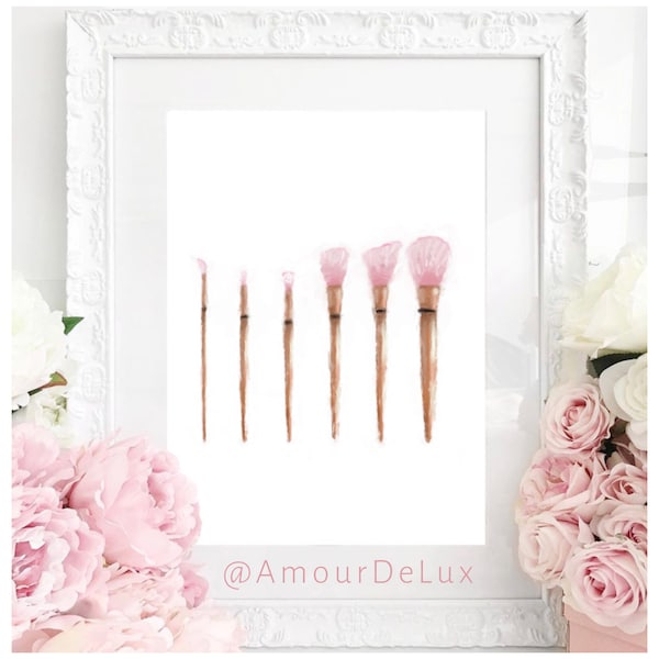 Watercolor, Makeup Brushes, Beauty Room, Vanity, Wall Art, GLAM, Chic, Pink, Illustration, Glamorous, Fashion, Art Prints, Makeup Artist