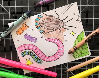 Coloring Zine - Sweets and Bugs Mini Poster Zine - Mini Coloring Book Zine - Halloween Nature Coloring Book