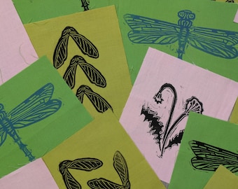 Nature Patches - Handmade Cotton Linocut  - Maple Seed Patch - Dragonfly Patch - Dandelion Patch