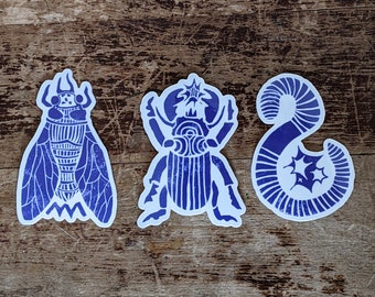 Bug Stickers - 1.4" x 2" Glossy Blue on Clear Vinyl - Worm Sticker - Beetle Sticker - Cicada Sticker