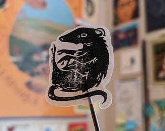Rat Sticker - 1.2" x 1" or 2.5" x 2" - Black blockprint design on clear vinyl