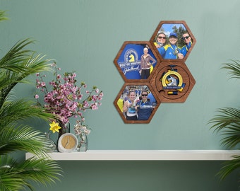 Boston Marathon hexagonal photo frame - Wooden modular frame - Photo display - Medal holder with photo - Medal hanger - Medal frame