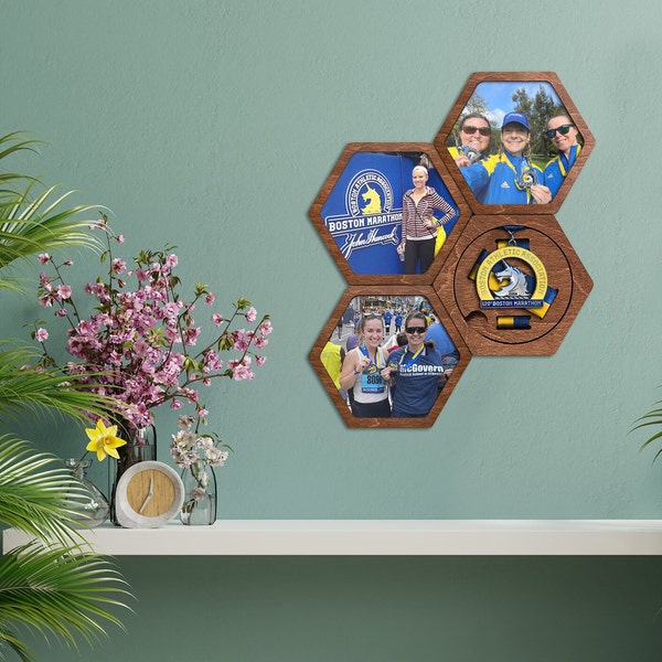 Marco de fotos hexagonal del Maratón de Boston - Marco modular de madera - Exhibición de fotos - Porta medallas con foto - Percha de medallas - Marco de medallas
