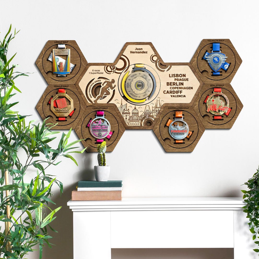 SuperHalfs finisher medal display holder with Full personalization - Full personalization hanger - Finisher medal holder