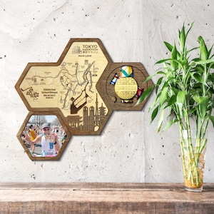 Tokyo medal display holder with personalization Route Map for Marathon run finisher - Multicolor set of modular sport medal display holder