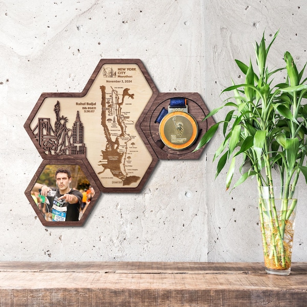 New York City medal display holder with personalization Route Map for Marathon run finisher - Multicolor set of modular sport medal holder