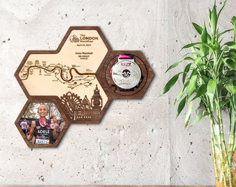 Présentoir pour médailles du marathon de Londres avec carte d'itinéraire personnalisée - Ensemble multicolore de présentoirs pour médailles de sport modulables - Cadre pour médailles