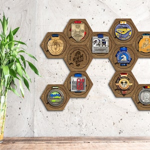 Set of modular medal display holder in Rustic oak color - Wooden medal hanger - Finisher medal holder - Wall mounted medal display