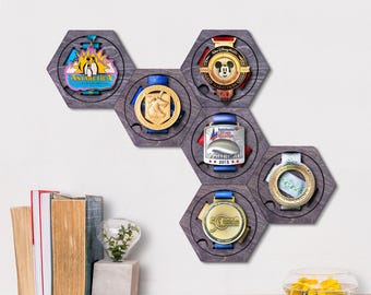 Portamedaglie modulare a nido d'ape color antracite - Espositore in legno per medaglie da maratona - Supporto da parete per medaglie da corsa - Regalo personalizzato per Ironman