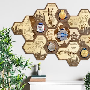 Six Star World Marathon Majors finisher medal display holder with personalization Route map - Multicolor set of modular medal display holder