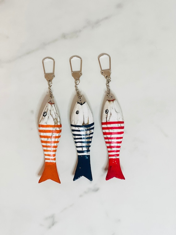 Hand-Painted Wooden Fish Keychain: Albesia Wood Fisherman Gift