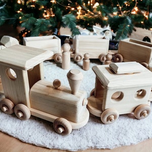 Train Set for Kids or Toddler, Wooden Train Sets Handmade, High Quality, Toxin-Free Wood Toys and Christmas Gifts, Train Gifts For Boys