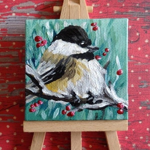 Chickadee Painting Mini Canvas Art, Original Chickadee Art, Mini Easel, Winter Bird Painting, Acrylic Mini Art, Red Berries Christmas Art